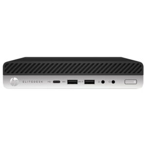 PC Sobremesa HP Elitedesk 800 G3 mini en color negro y plata. Equipado con un procesador Intel Core i5, 8 GB de RAM, un SSD NVMe de 250 GB y un SSD adicional de 256 GB para un rendimiento rápido y un almacenamiento amplio. Funciona con el sistema operativo Windows 10. Un PC de sobremesa elegante y potente de HP, ideal para tareas profesionales y uso empresarial.
